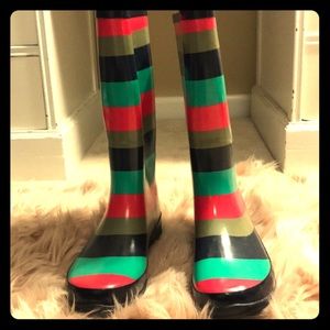 Multi-colored striped rain boots